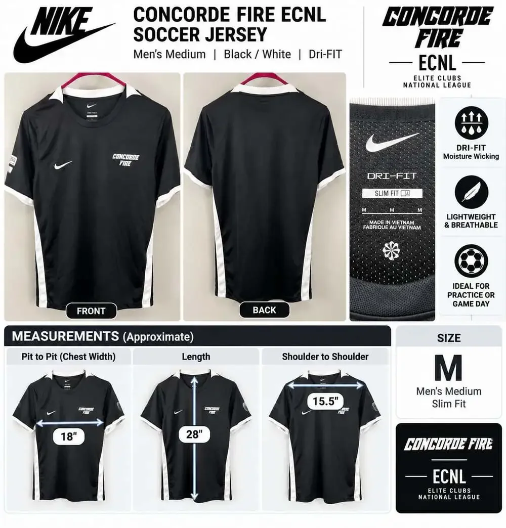 Nike Concorde Fire ECNL Soccer Jersey Men’s M Dri-FIT Slim Fit Black White